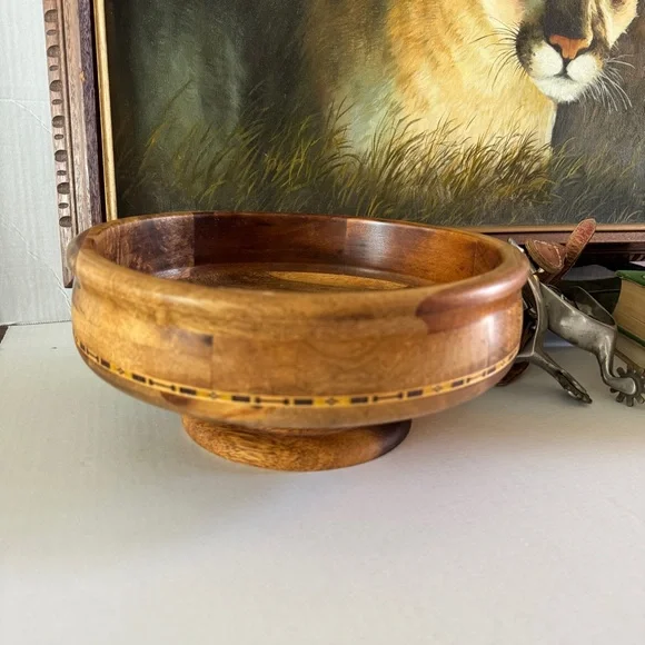 Vintage Turned Wooden Decorative Footed Bowl Compote Inlaid Aztec Marquetry - Picture 5 of 16